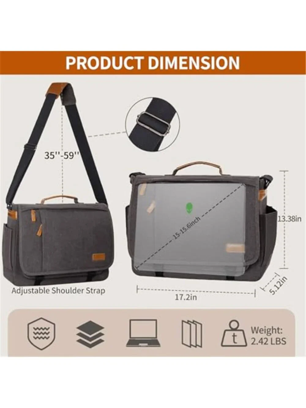 Canvas Messenger Bag Laptop Shoulder Bag 15 Inch Work Travel School Bag